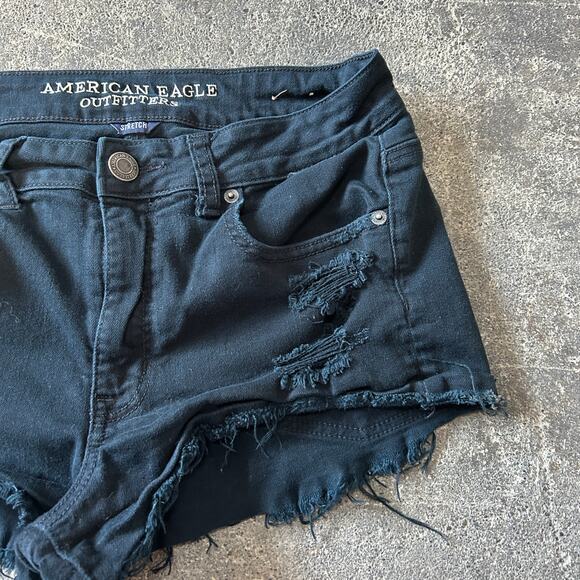 Distressed American Eagle Cut Off Denim Jean Shorts Size 8 Black Festival 2" - Picture 3 of 8